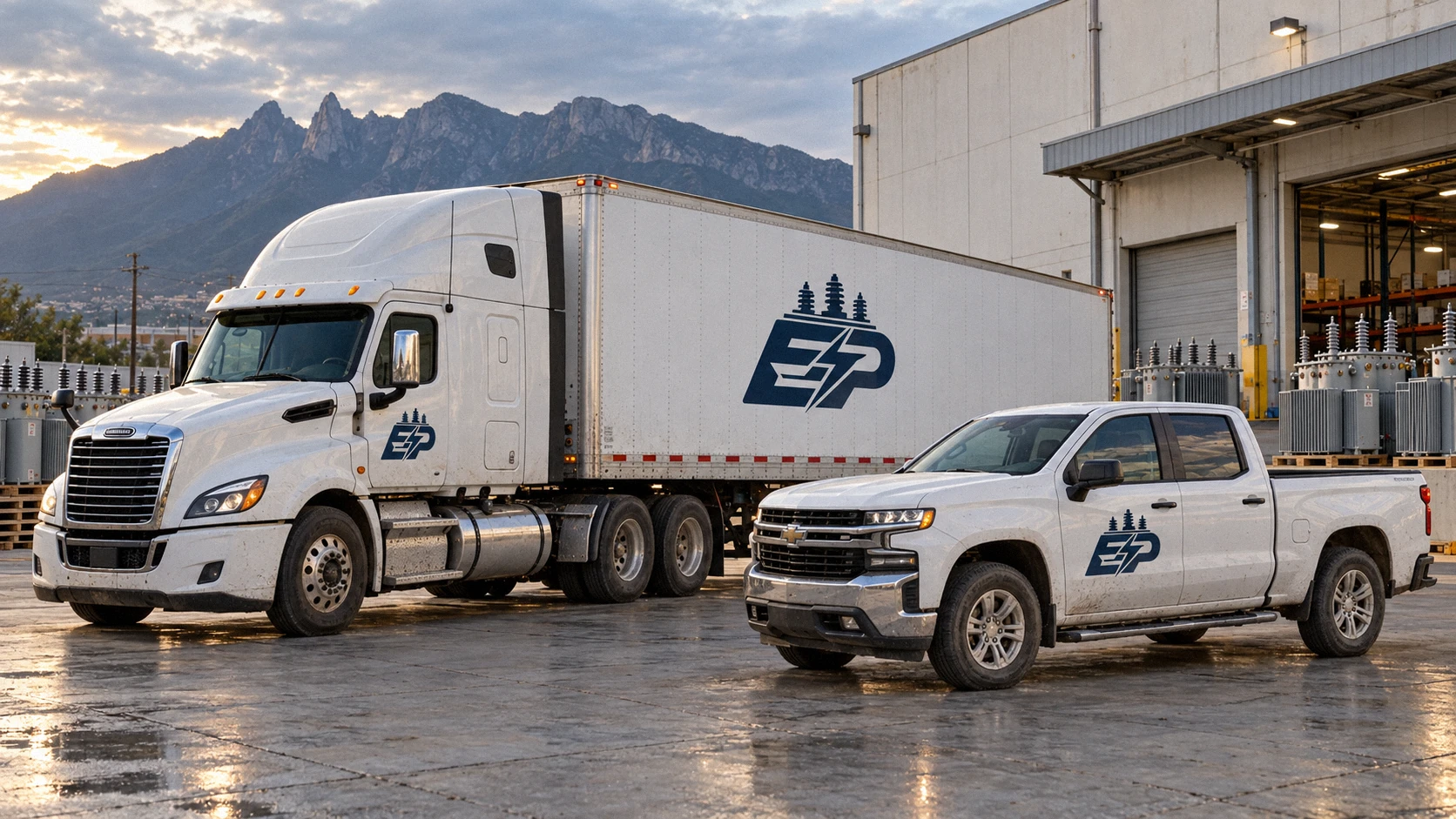 Tráiler y camioneta de ElectroPotencia México frente a una bodega de transformadores